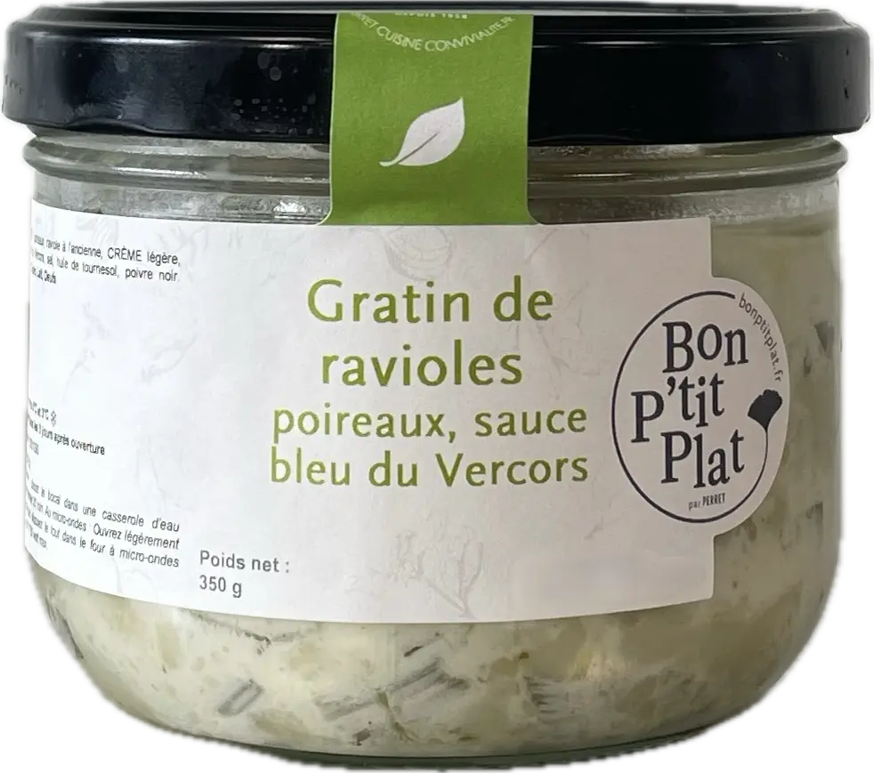 Gratin de ravioles poireaux, sauce bleu du Vercors
