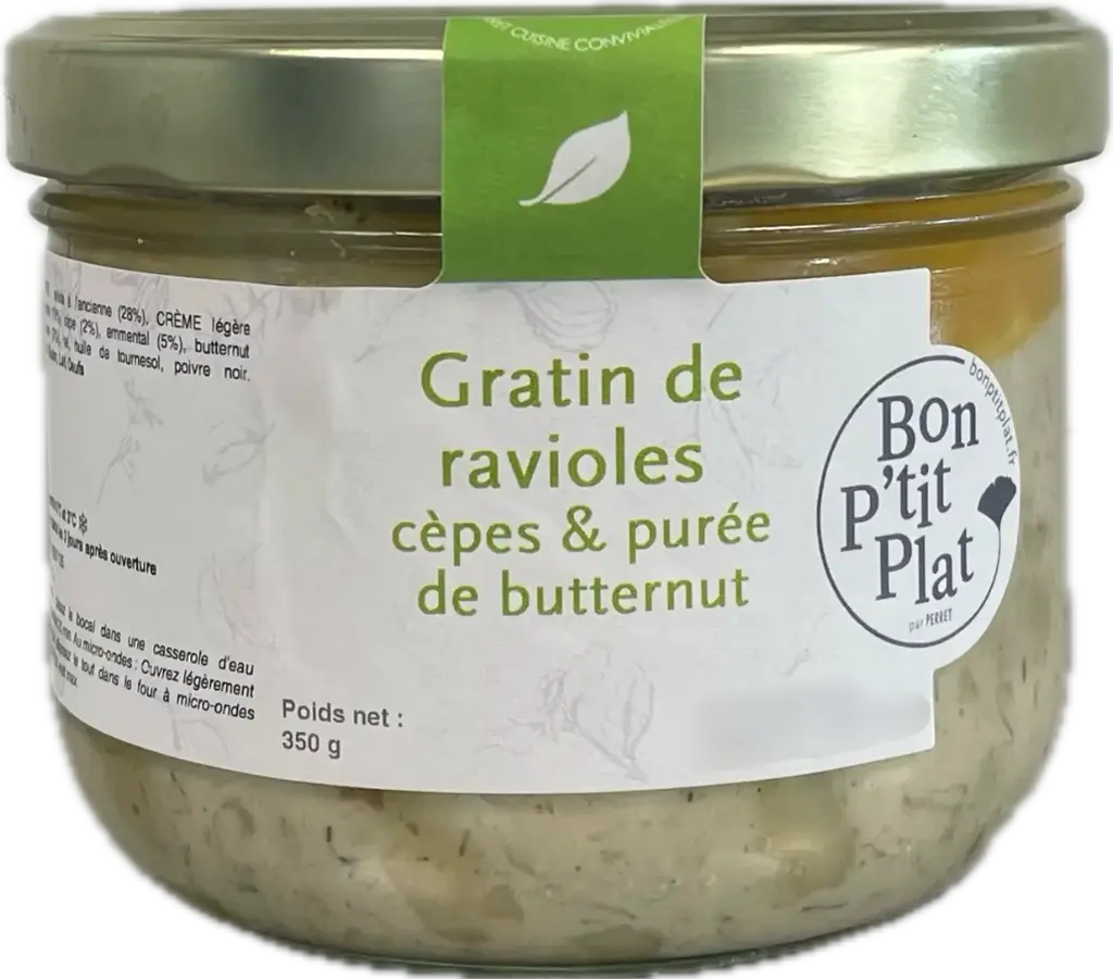 Gratin de ravioles cèpes & purée de butternut
