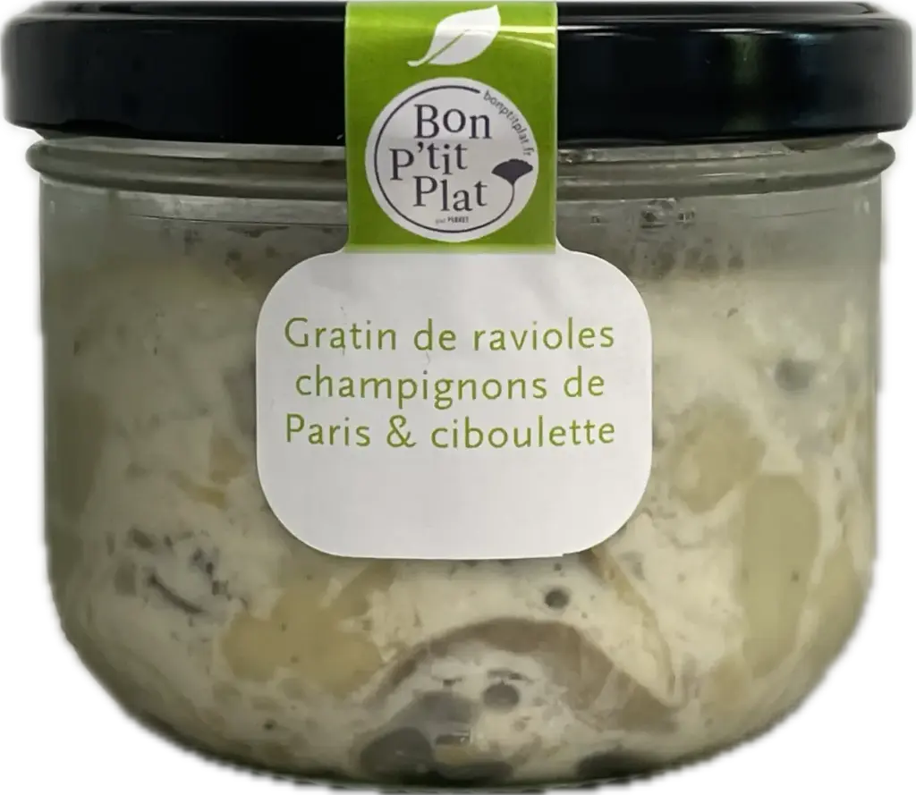 Gratin de ravioles champignons de Paris & ciboulette