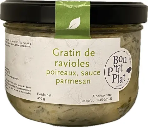 Gratin de ravioles poireaux, sauce parmesan