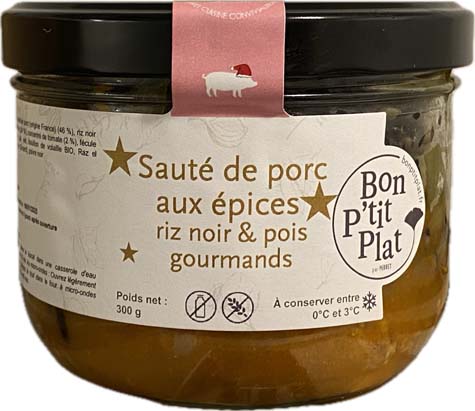 Sauté de porc aux épices riz noir & pois gourmands