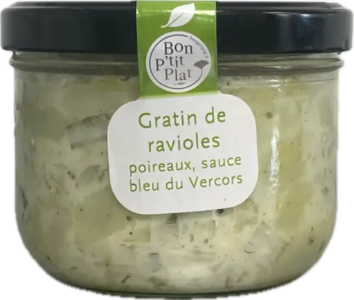 Gratin de ravioles poireaux, sauce bleu du Vercors