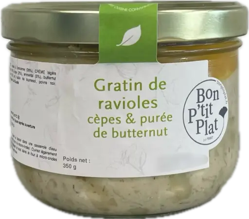 Gratin de ravioles cèpes & purée de butternut