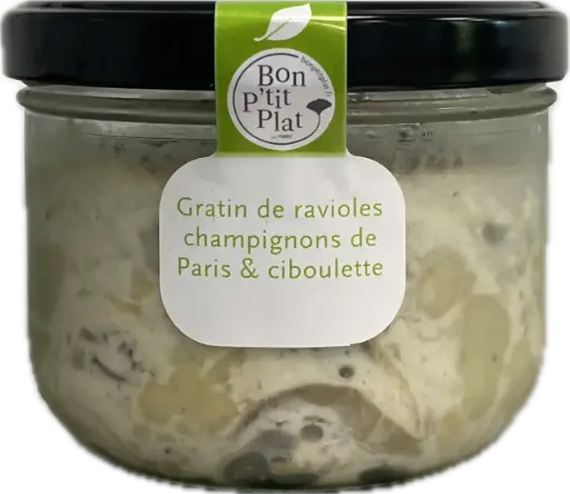 Gratin de ravioles champignons de Paris & ciboulette